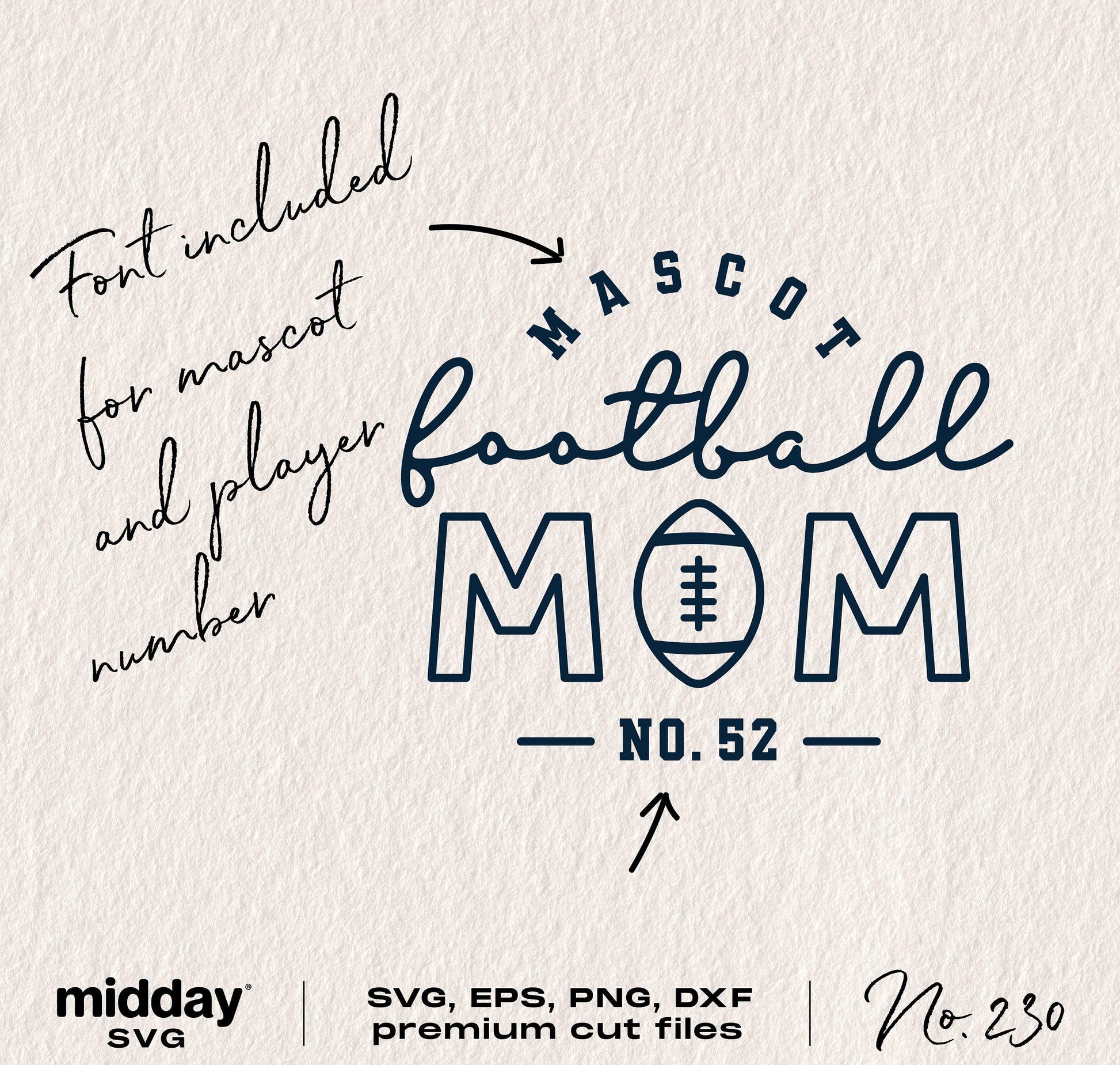 Football Mom SVG design featuring text, mascot football graphic, and number 52, suitable for shirts, tumbler wraps, and digital downloads.