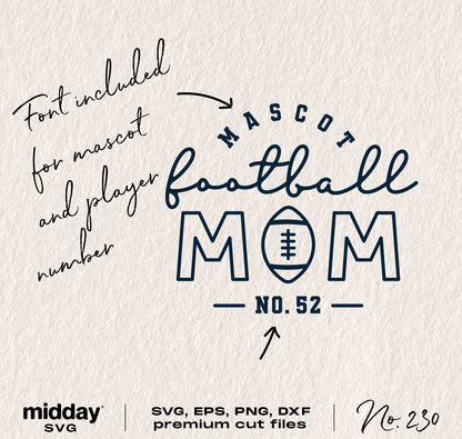 Football Mom SVG design featuring text, mascot football graphic, and number 52, suitable for shirts, tumbler wraps, and digital downloads.