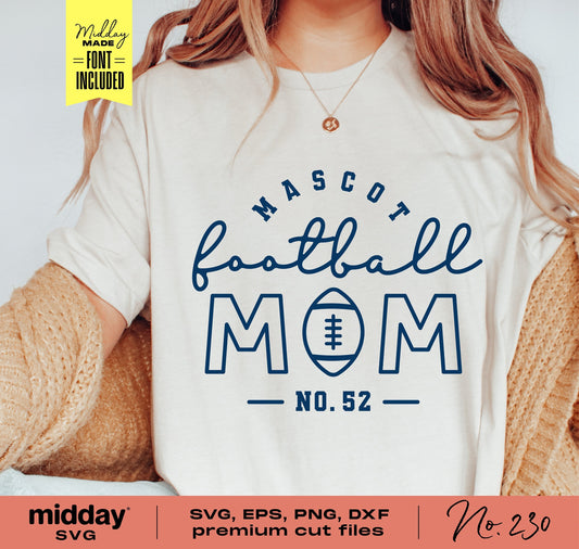Woman wearing Mascot Football Mom shirt with SVG, EPS, PNG, DXF premium cut files. Perfect for Cricut and Silhouette projects.