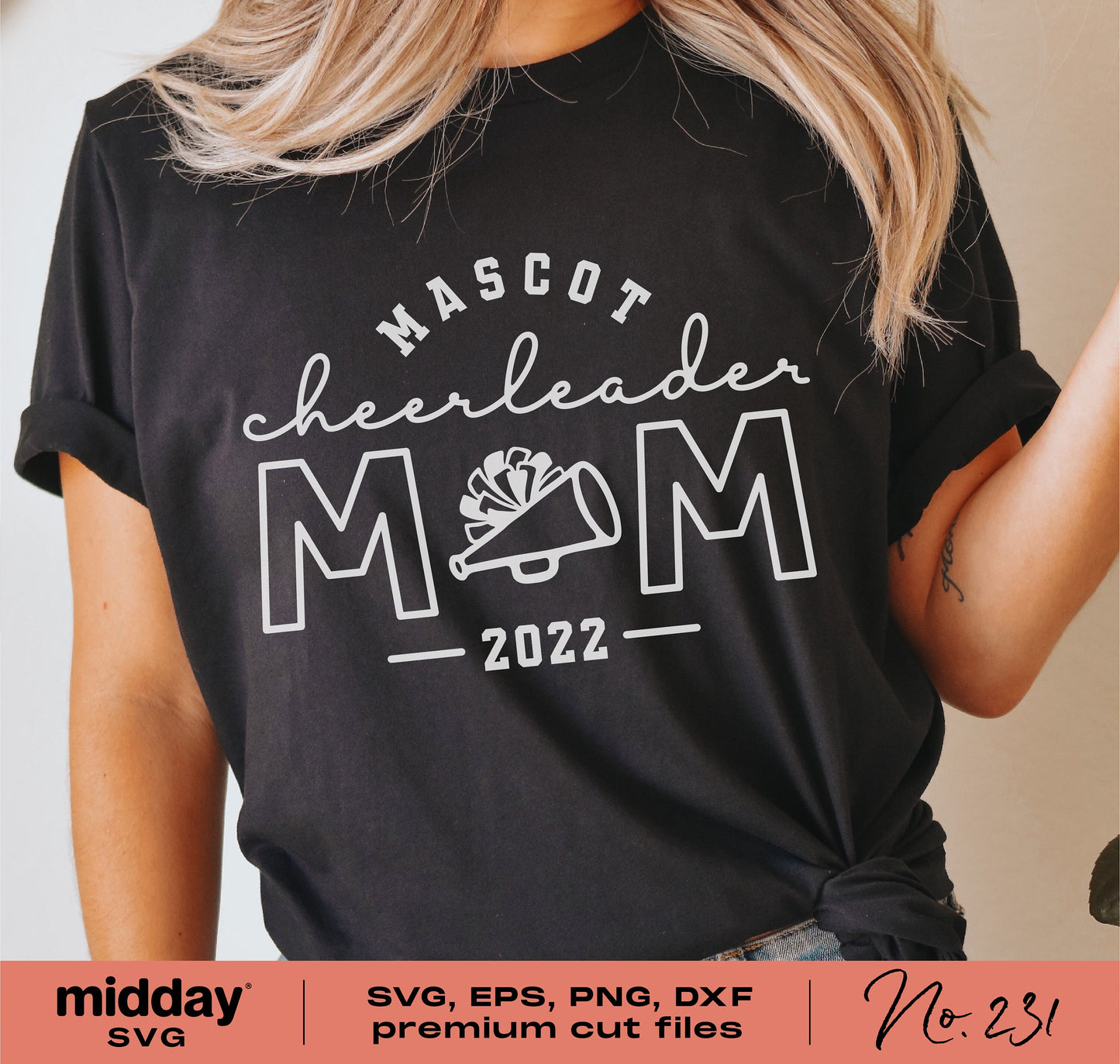 Black T-shirt with 'Mascot Cheerleader Mom 2022' design, available in SVG, EPS, PNG, DXF formats for Cricut and Silhouette.