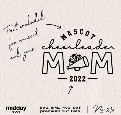 Cheerleader Mom SVG design featuring mascot and year text, ideal for Cricut and Silhouette projects, include font options.