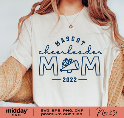 Cheerleader Mom SVG design on pink shirt, includes Mascot print, 2022 date, available as cut files for Cricut and Silhouette.