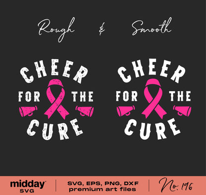 Cheer for the Cure SVG design with pink ribbons and megaphones for breast cancer awareness, available in SVG, PNG, DXF, EPS formats.