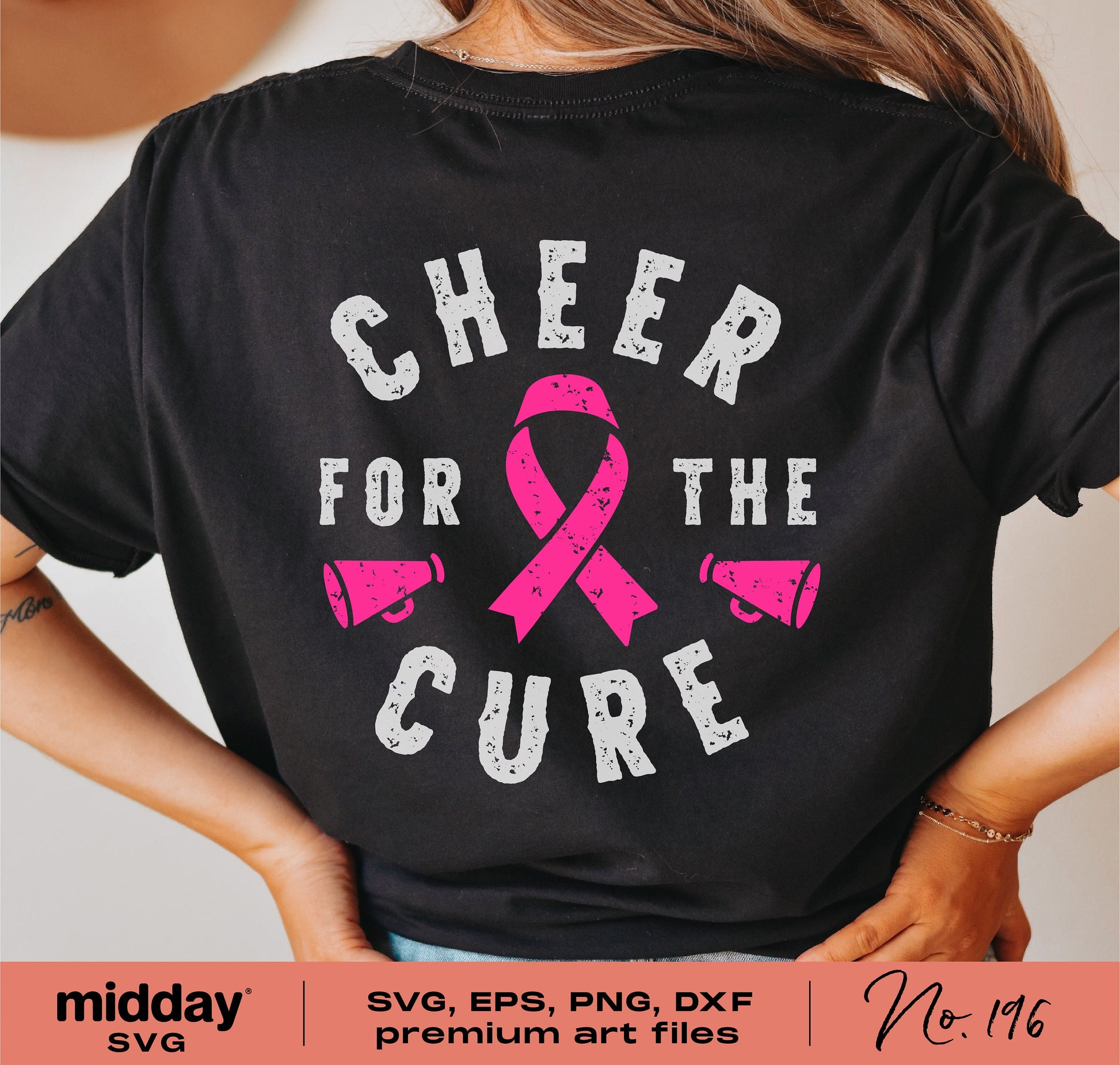 Cheer for the Cure T-shirt with pink breast cancer awareness ribbon design, perfect for cheerleaders. Available in SVG, PNG, DXF, EPS formats.