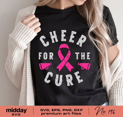 Woman wearing 'Cheer for the Cure' breast cancer awareness shirt with pink ribbon and cheerleading design, suitable for Cricut, Silhouette.