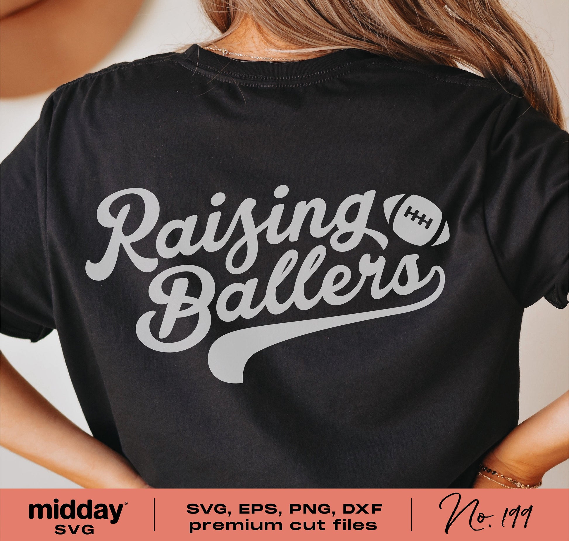 "Raising Ballers" football shirt design available in SVG, PNG, DXF, and EPS formats for Cricut and Silhouette cutting.