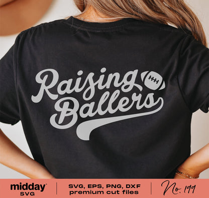 "Raising Ballers" football shirt design available in SVG, PNG, DXF, and EPS formats for Cricut and Silhouette cutting.