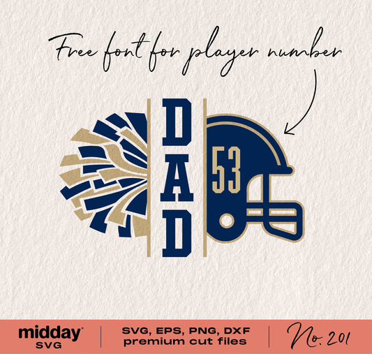 Football and Cheer Dad SVG with free player number font, includes cheer pom and helmet graphics in SVG, EPS, PNG, and DXF formats.