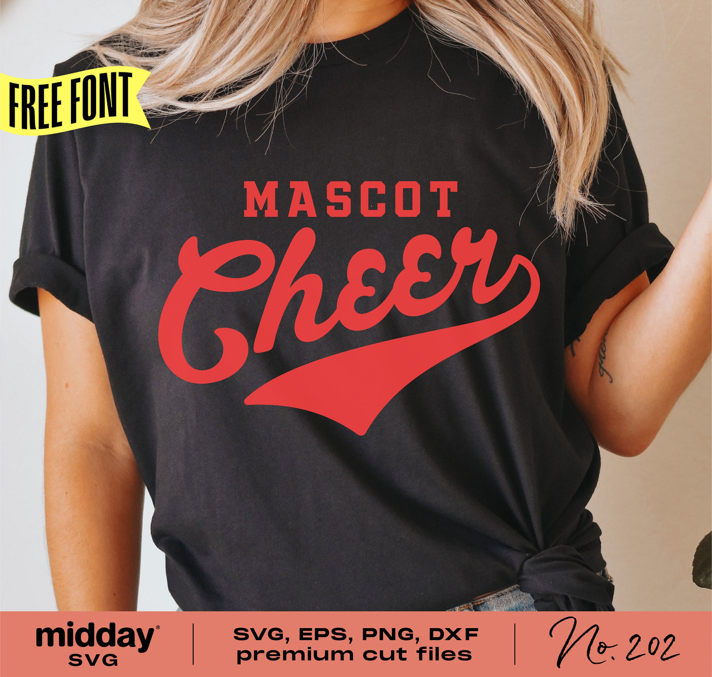 Black cheerleading shirt with 'Mascot Cheer' design in red text, available in SVG, EPS, PNG, DXF formats for Cricut and Silhouette.