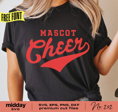 Black cheerleading shirt with 'Mascot Cheer' design in red text, available in SVG, EPS, PNG, DXF formats for Cricut and Silhouette.