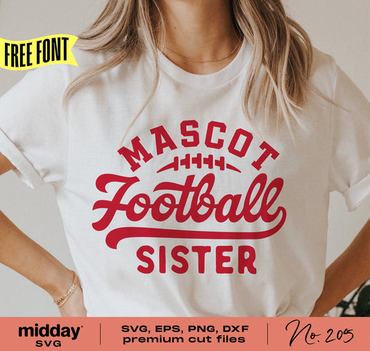 Woman wearing a white t-shirt with red 'Mascot Football Sister' design, showcasing SVG cut file design for Cricut and Silhouette.
