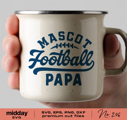 Hand holding a mug with "Mascot Football Papa" design, available in SVG, EPS, PNG, DXF formats for Cricut and Silhouette cutting machines.