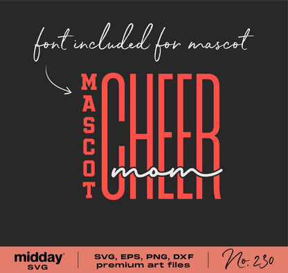 Cheer Mom SVG design with mascot font, ideal for Cricut and Silhouette projects, digital download includes SVG, EPS, PNG, DXF formats.