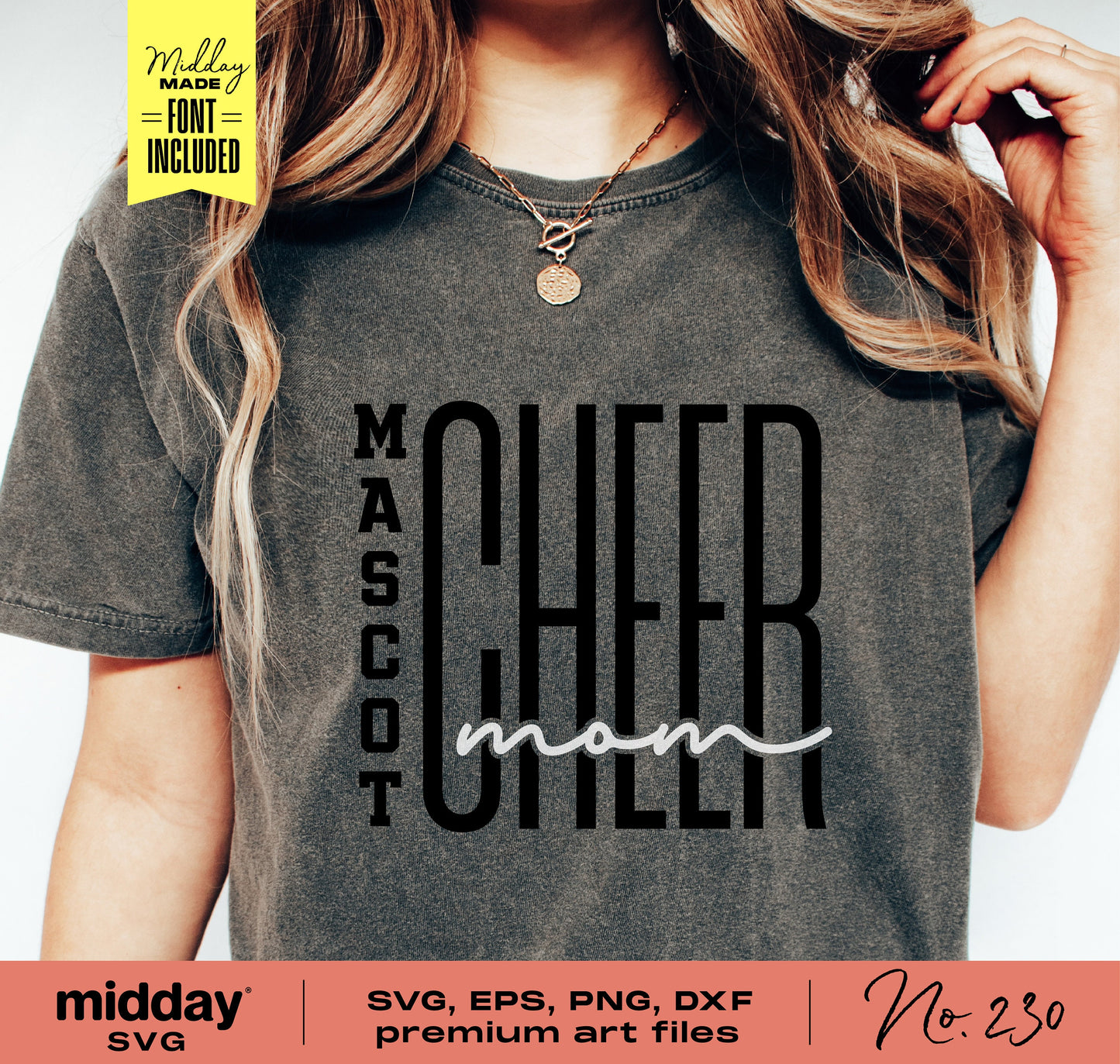 Cheer Mom SVG design on a shirt, featuring Mascot text, ideal for Cricut and Silhouette users, includes EPS, DXF, and PNG files.