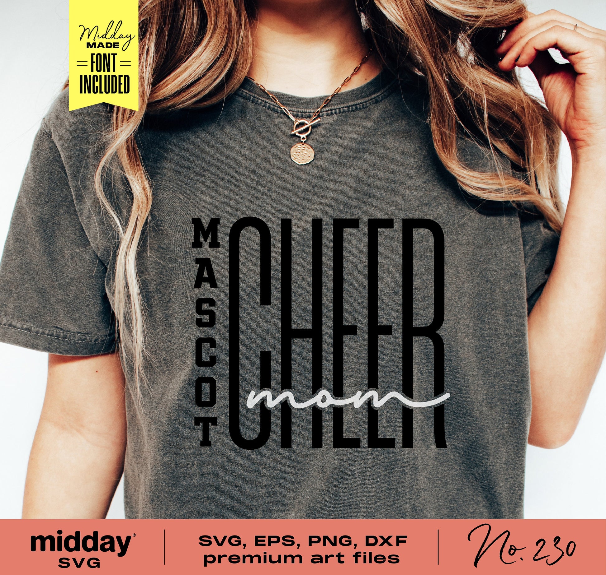 Cheer Mom SVG design on a shirt, featuring Mascot text, ideal for Cricut and Silhouette users, includes EPS, DXF, and PNG files.