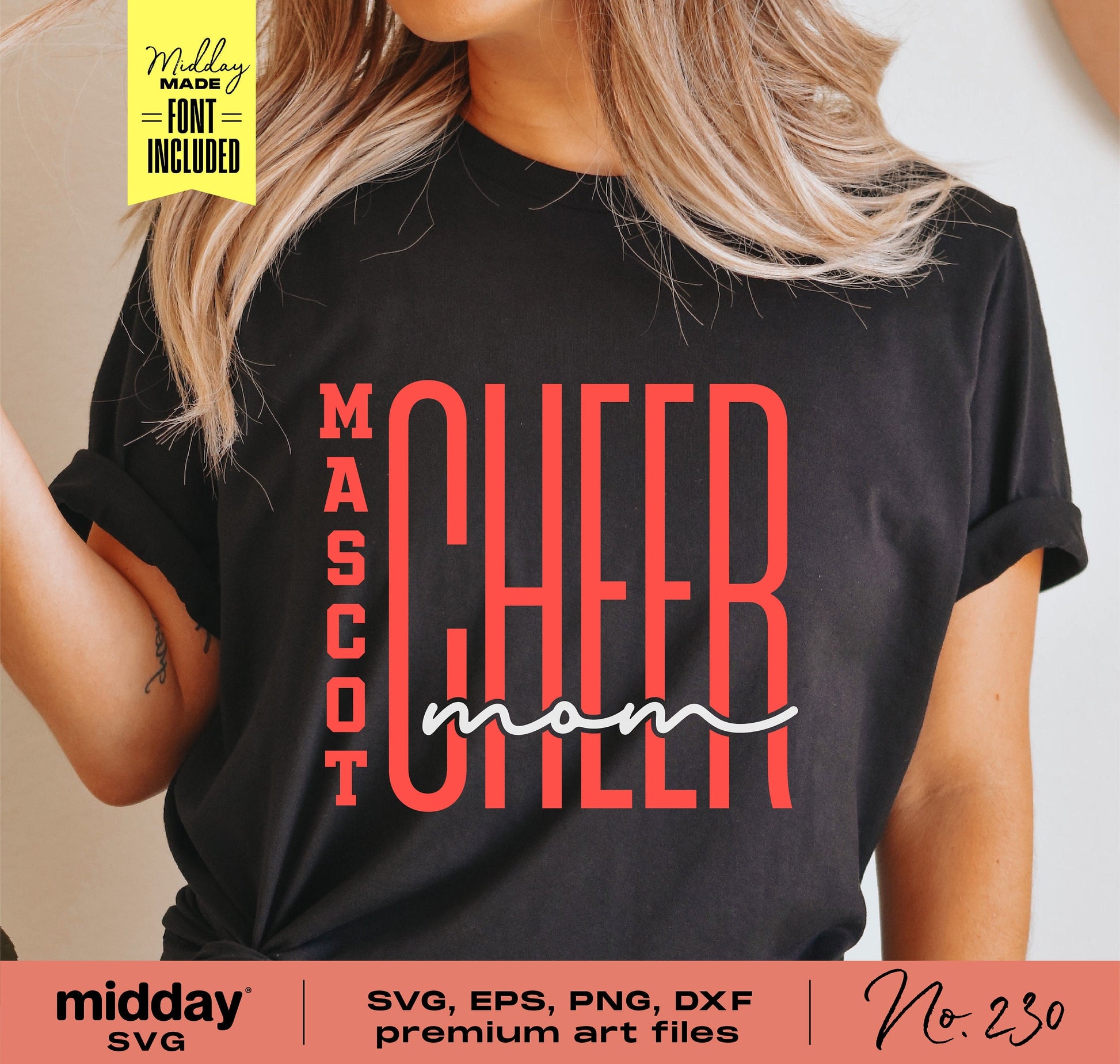 Cheer Mom SVG design on black t-shirt, Mascot Cheer Mom template with premium art files for Cricut and Silhouette.