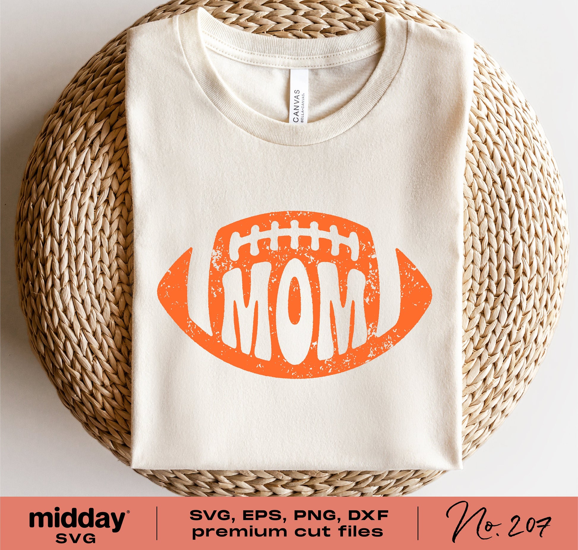 Football Mom SVG design on a white shirt, perfect for Cricut, Silhouette, and DIY projects. Includes SVG, EPS, PNG, and DXF files.