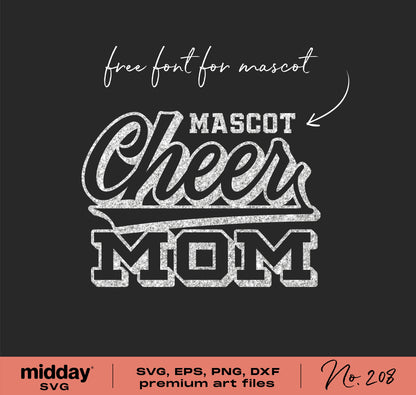 Cheer Mom design in SVG, EPS, PNG, and DXF formats with free font for mascot use, ideal for Cricut and Silhouette projects.