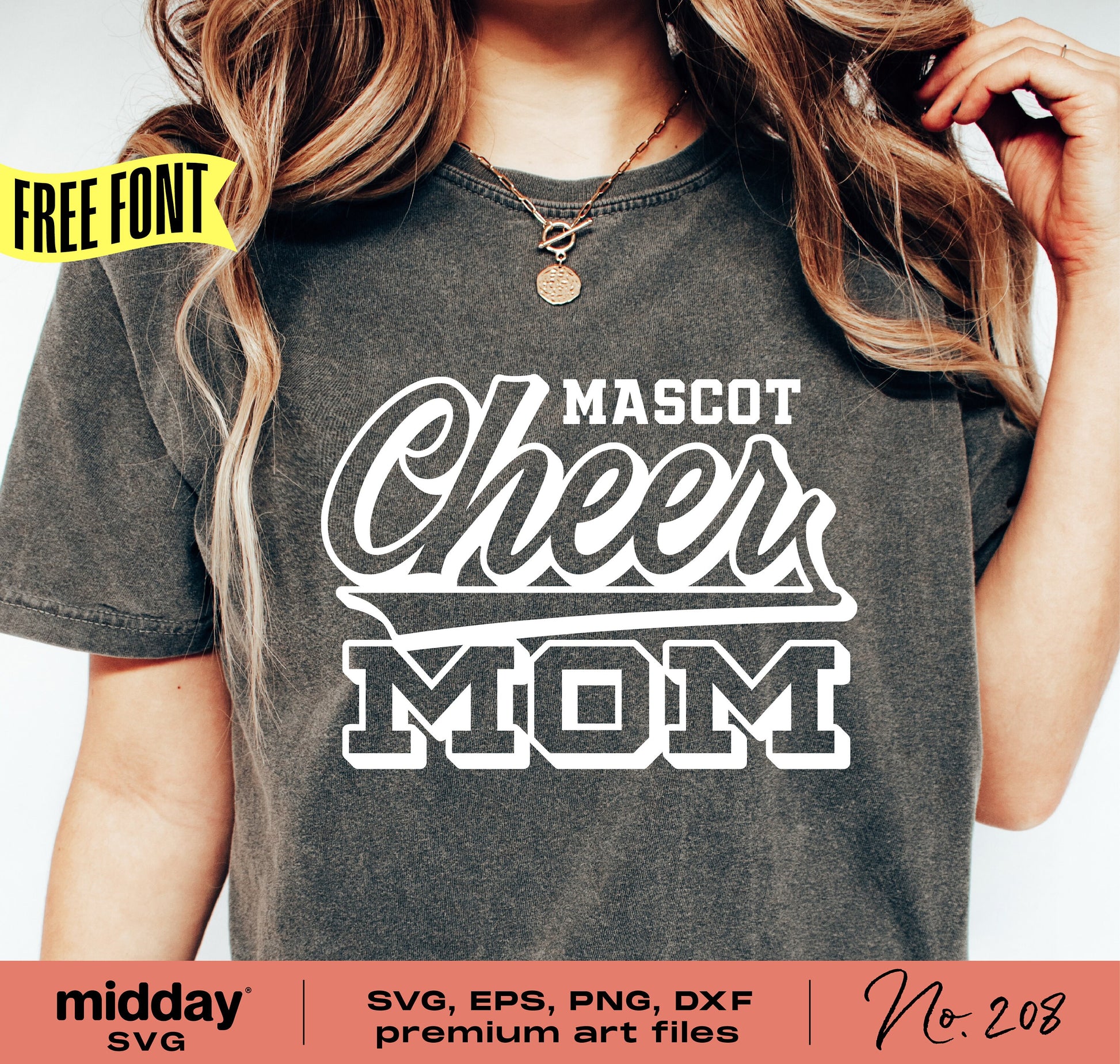 Woman wearing a cheer mom shirt with text 'Mascot Cheer Mom' design. Ideal for digital design projects with SVG, EPS, PNG, and DXF formats.