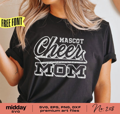 Cheer Mom shirt with "Mascot Cheer Mom" design, includes SVG, EPS, PNG, DXF digital files for Cricut and Silhouette.