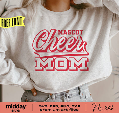Woman wearing a white Cheer Mom shirt with red lettering, perfect for cheerleading teams. Includes SVG, PNG, DXF, EPS formats for Cricut, Silhouette.