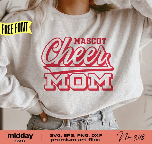 Woman wearing a white Cheer Mom shirt with red lettering, perfect for cheerleading teams. Includes SVG, PNG, DXF, EPS formats for Cricut, Silhouette.