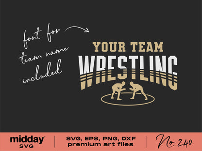 Wrestling team template with customizable text, featuring two wrestlers graphic and included font for team name.