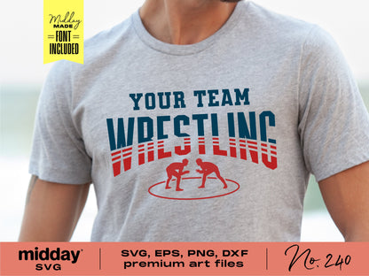Person wearing a gray wrestling team shirt featuring a wrestling motif and customizable design. Includes SVG, PNG, DXF file formats.