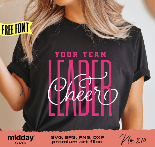 Black cheerleader shirt with 'Your Team Cheer Leader' in bold pink and white letters, available in SVG, EPS, PNG, DXF formats.