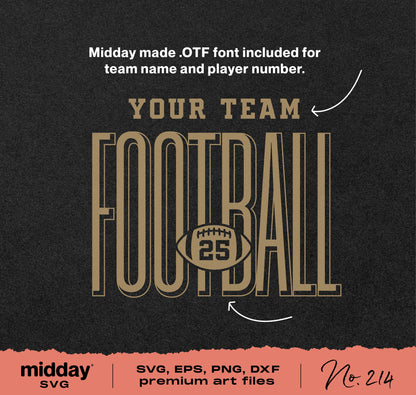 Football template with customizable team name and player number in SVG, EPS, PNG, and DXF formats for Cricut and Silhouette users.