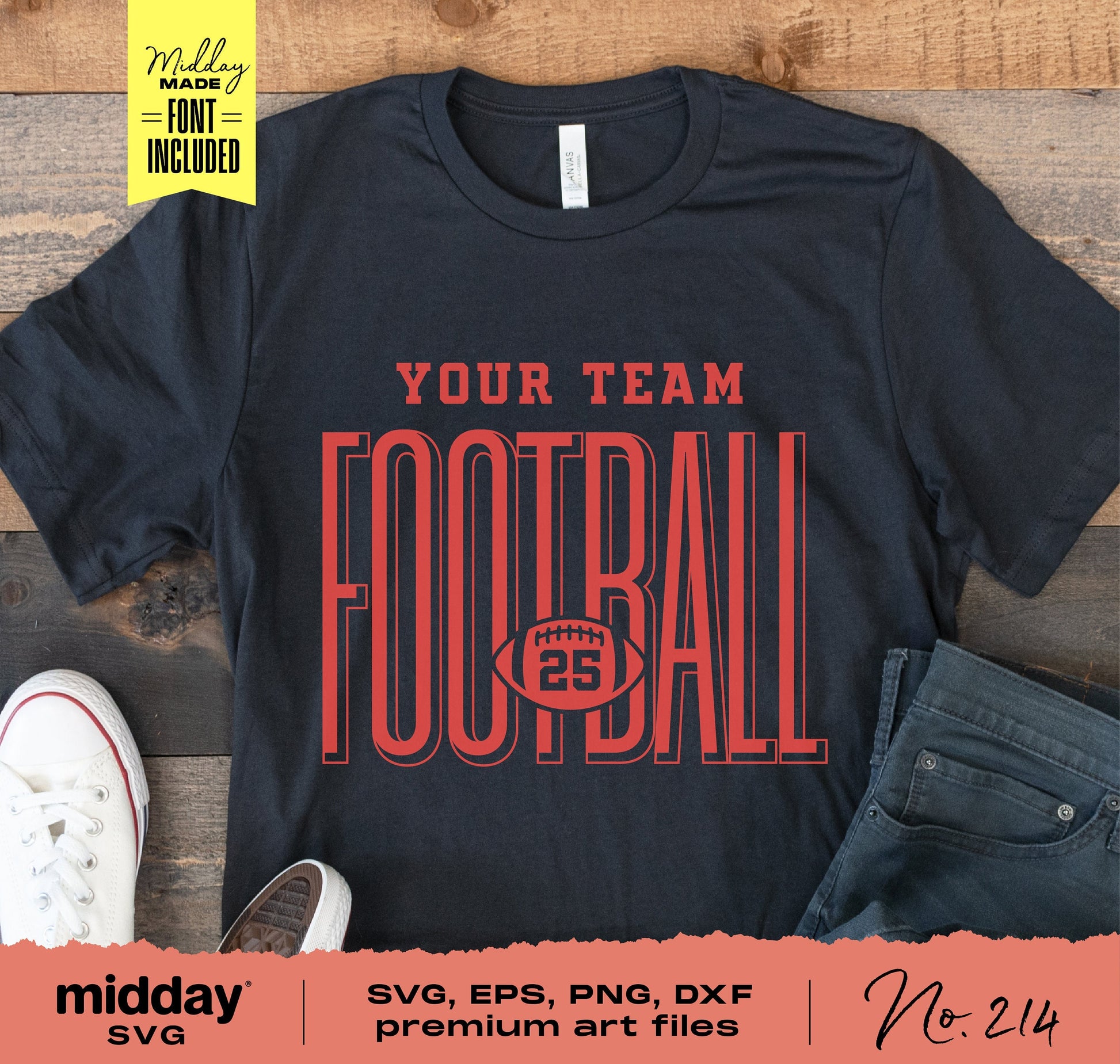 Black t-shirt featuring customizable football team logo and player number in red, ideal for Cricut and Silhouette crafting projects.