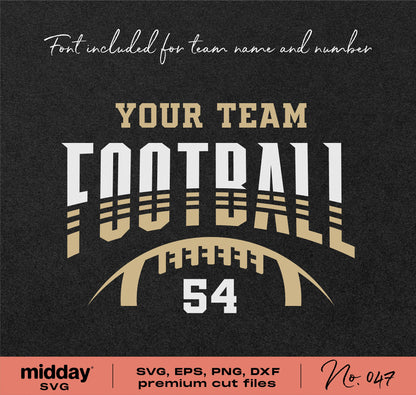 Football team template with customizable text and number, football design for SVG, EPS, PNG, DXF, ideal for Cricut and Silhouette.
