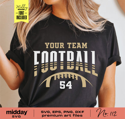 Person wearing a black football shirt with customizable team name and number, featuring bundled SVG, PNG, DXF, EPS files for Cricut and Silhouette.
