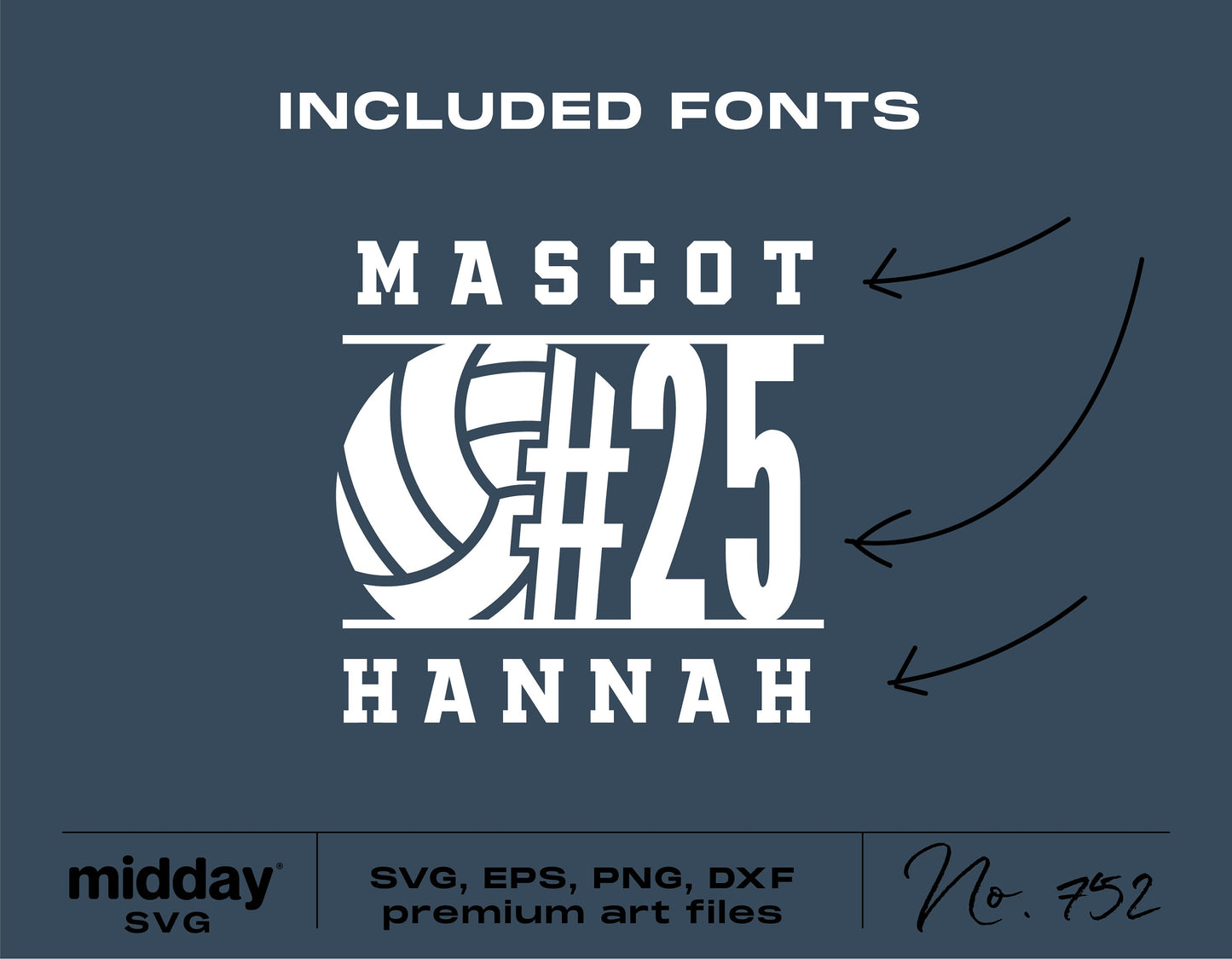 Volleyball team shirt design with number 25 and mascot name in SVG, EPS, PNG, DXF formats, featuring included fonts.