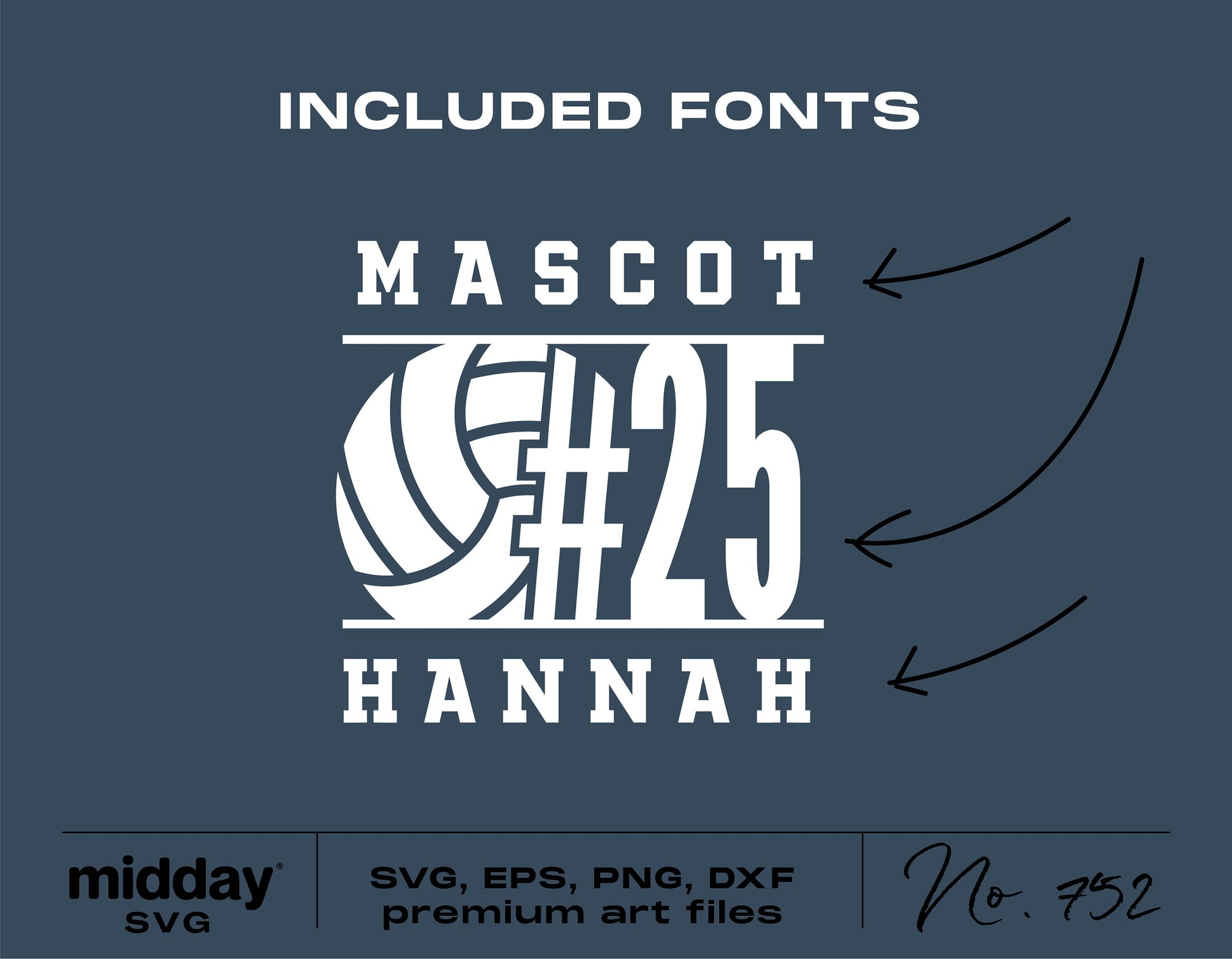 Volleyball team shirt design with number 25 and mascot name in SVG, EPS, PNG, DXF formats, featuring included fonts.