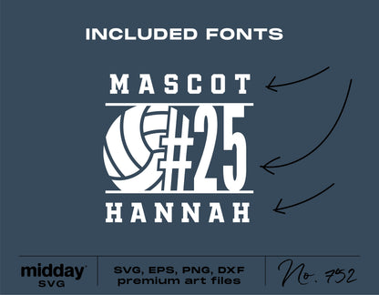 Volleyball team shirt design with number 25 and mascot name in SVG, EPS, PNG, DXF formats, featuring included fonts.