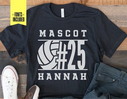 Customizable black t-shirt with volleyball design and text 'Mascot #25 Hannah'. Perfect for volleyball team supporters.