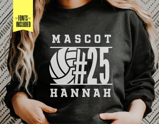 Person wearing a black sweatshirt with custom volleyball team design featuring a volleyball graphic, number 25, and the name Hannah.