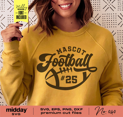 Woman wearing yellow sweatshirt with Mascot Football design, number 25. Includes SVG, EPS, PNG, DXF cut files for Cricut and Silhouette.