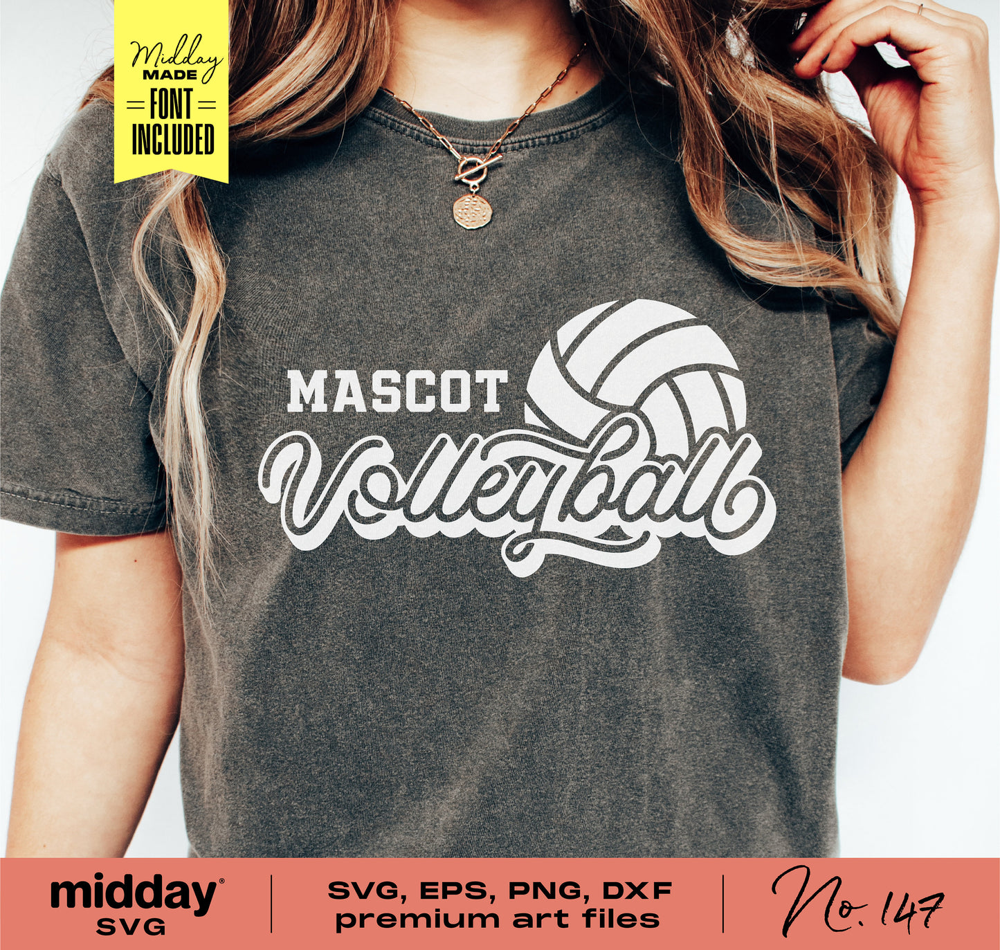 Person wearing a shirt with custom volleyball SVG design for Cricut and Silhouette cutting machines, includes SVG, PNG, DXF, EPS files.