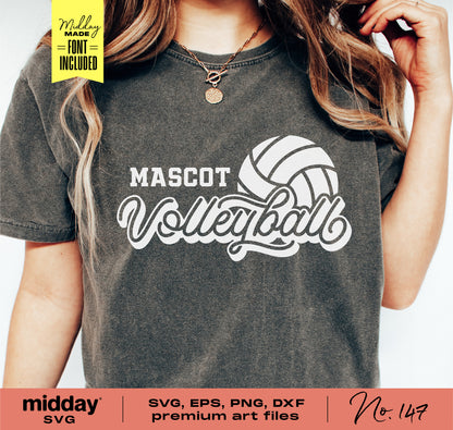 Person wearing a shirt with custom volleyball SVG design for Cricut and Silhouette cutting machines, includes SVG, PNG, DXF, EPS files.