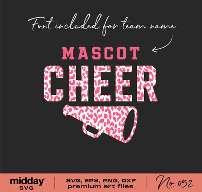 Cheerleader SVG template with pink leopard print megaphone for Cricut Silhouette; includes font for team name customization.