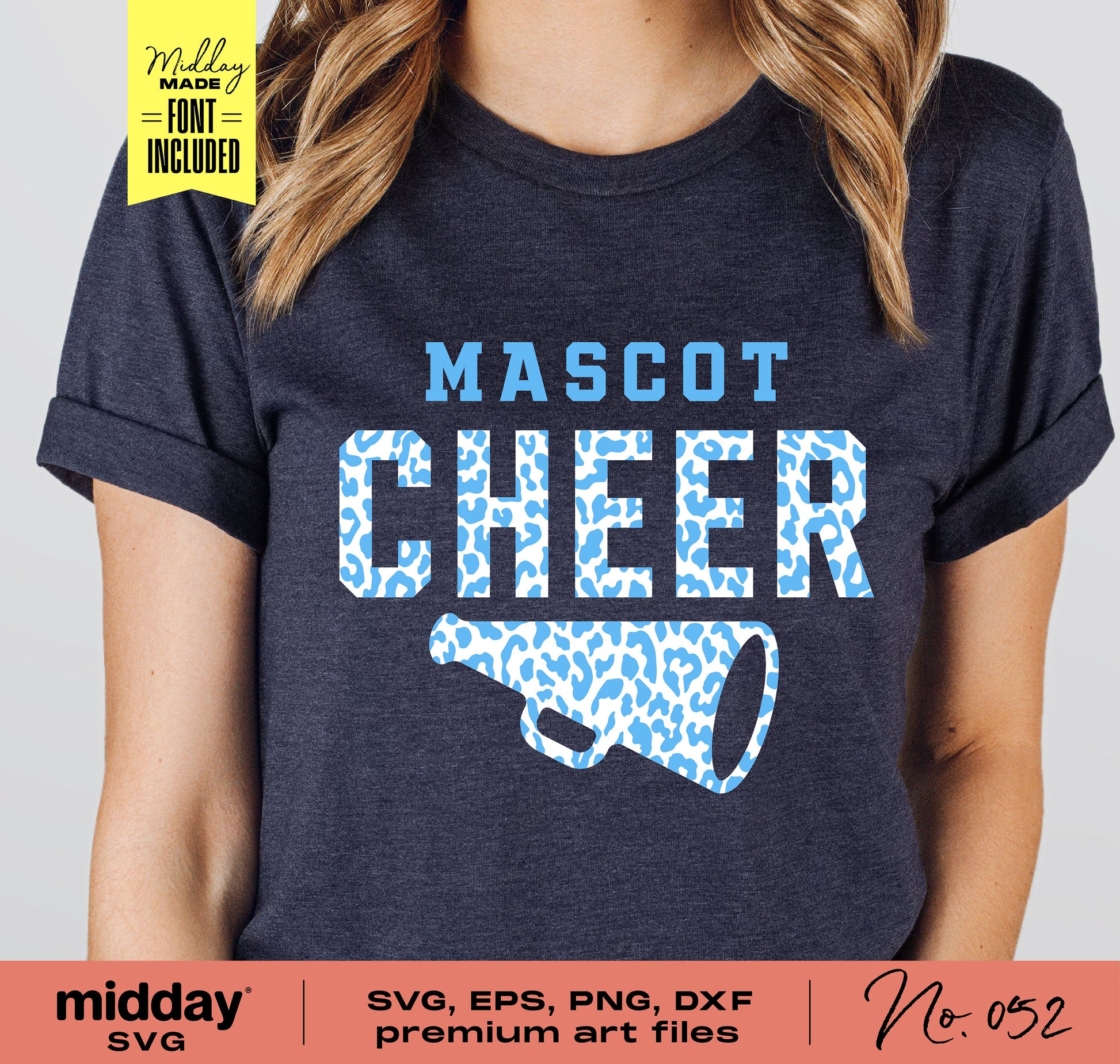 Leopard print 'Mascot Cheer' design on shirt with megaphone graphic, available as SVG, EPS, PNG, DXF for Cricut and Silhouette.