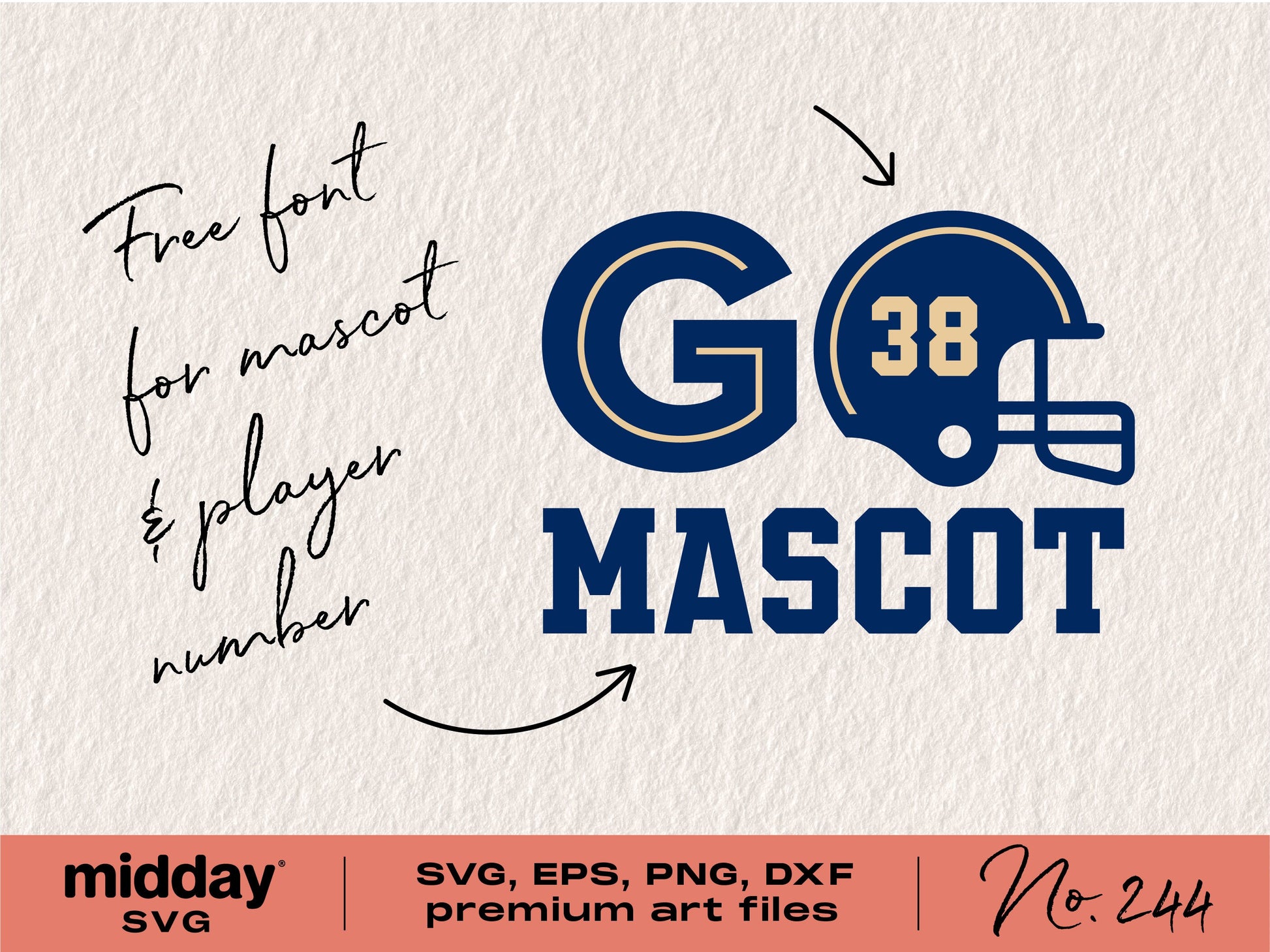 Football team SVG template with helmet, text 'Go Mascot 38,' and free font for design customization.