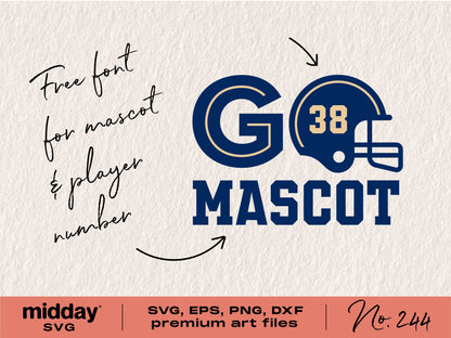 Football team SVG template with helmet, text 'Go Mascot 38,' and free font for design customization.