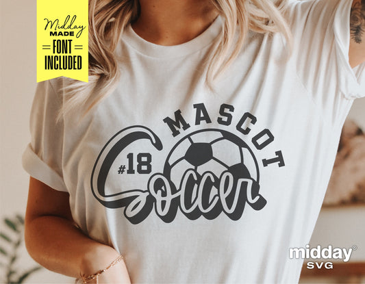 Woman wearing a white t-shirt with a soccer mascot design and the number 18. Includes serif and cursive fonts, soccer ball graphic.