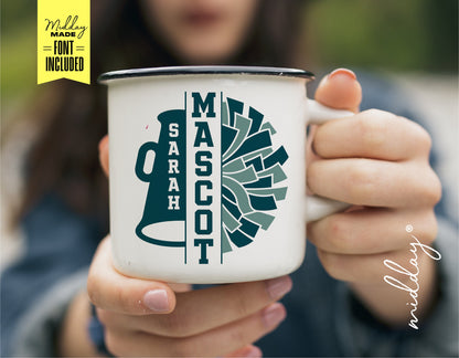 Close-up of a person holding a mug with a personalized cheerleading design featuring a megaphone, pom-poms, and customizable font.