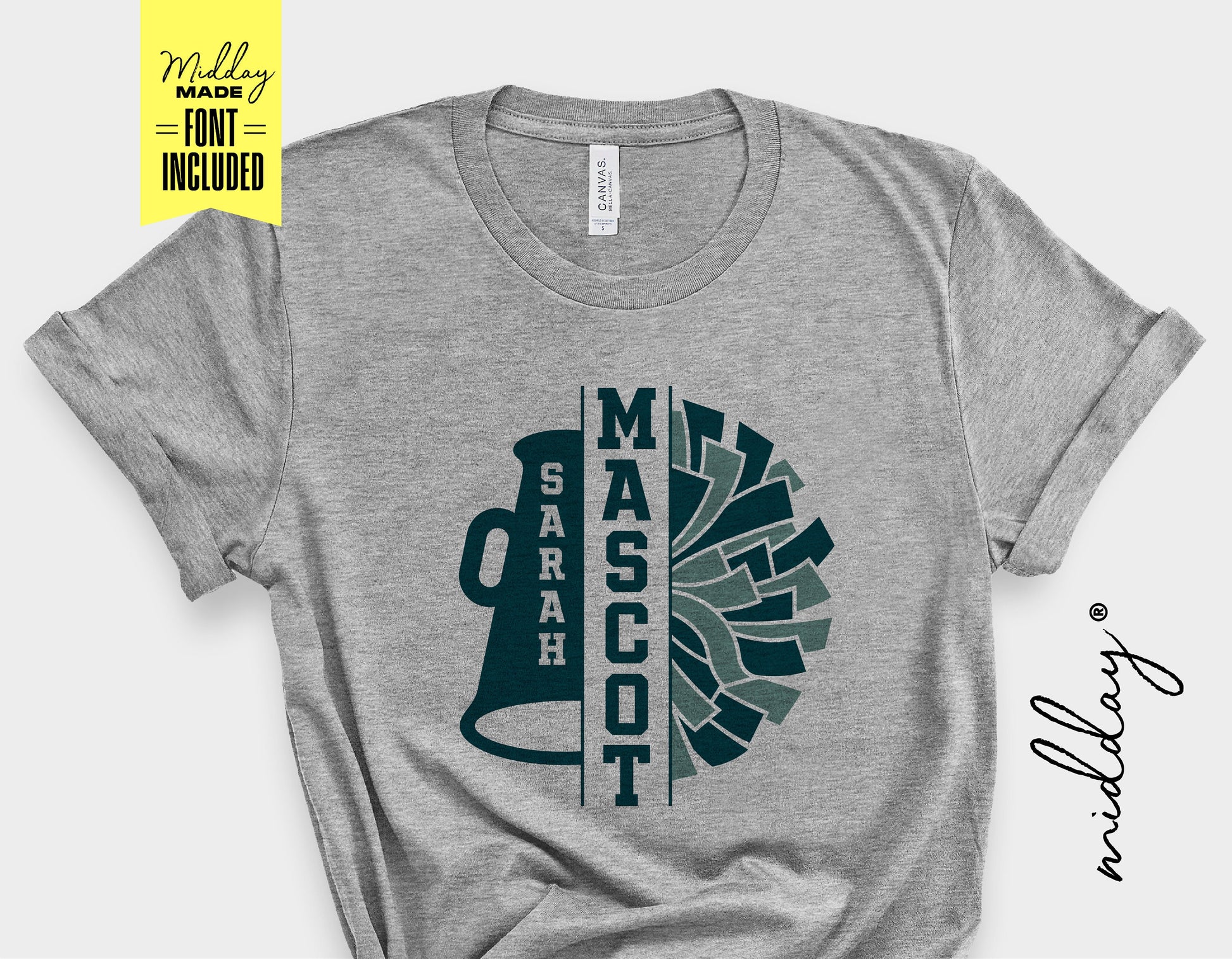Gray t-shirt with personalized cheer team logo featuring a megaphone and pom pom design, includes a custom-made font by Milday.