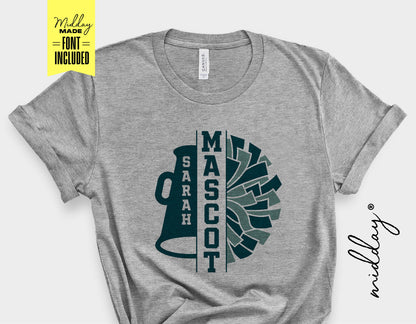 Gray t-shirt with personalized cheer team logo featuring a megaphone and pom pom design, includes a custom-made font by Milday.
