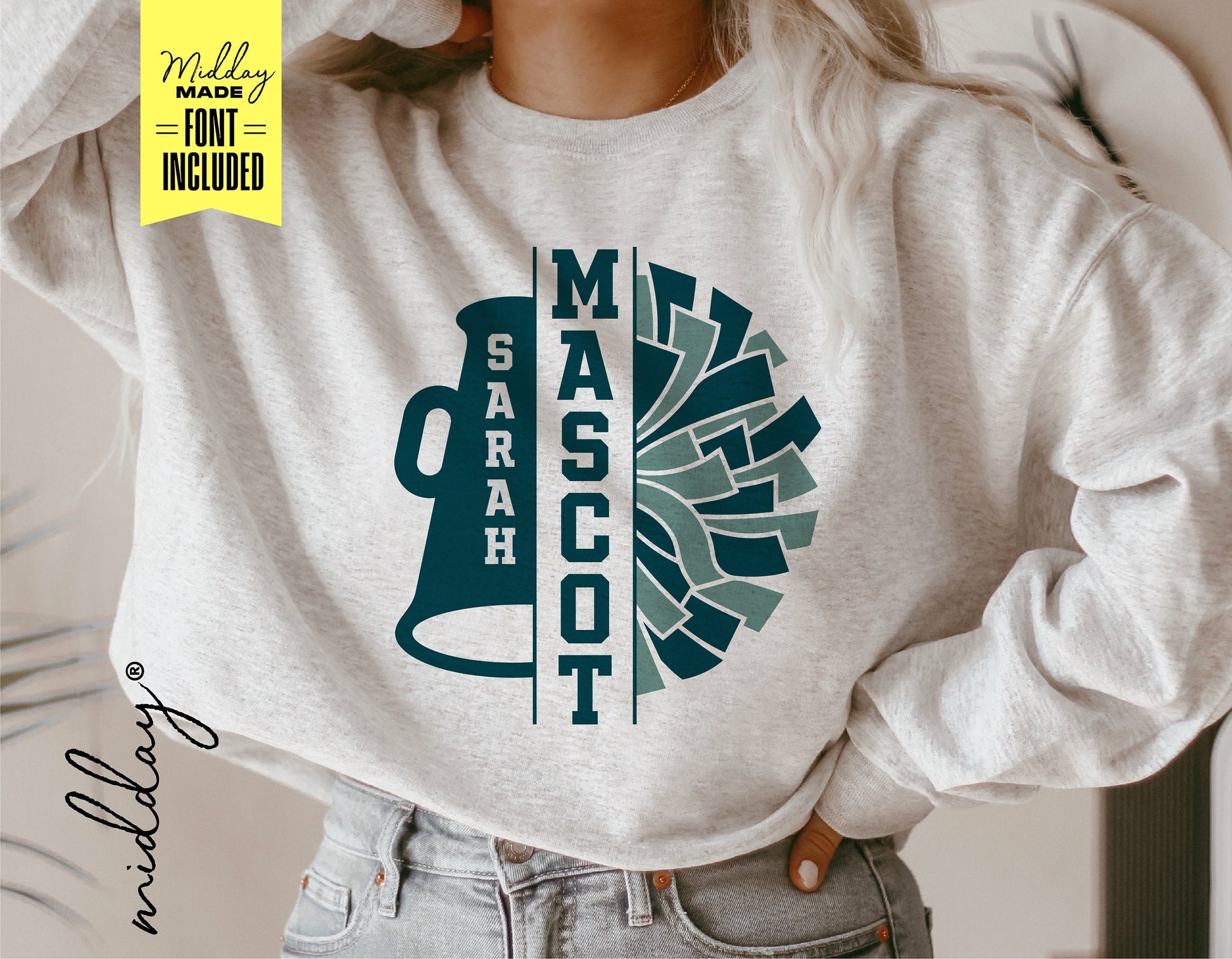 Woman wearing a sweatshirt with personalized cheer team logo featuring megaphone and pom poms, fonts included for DIY design.
